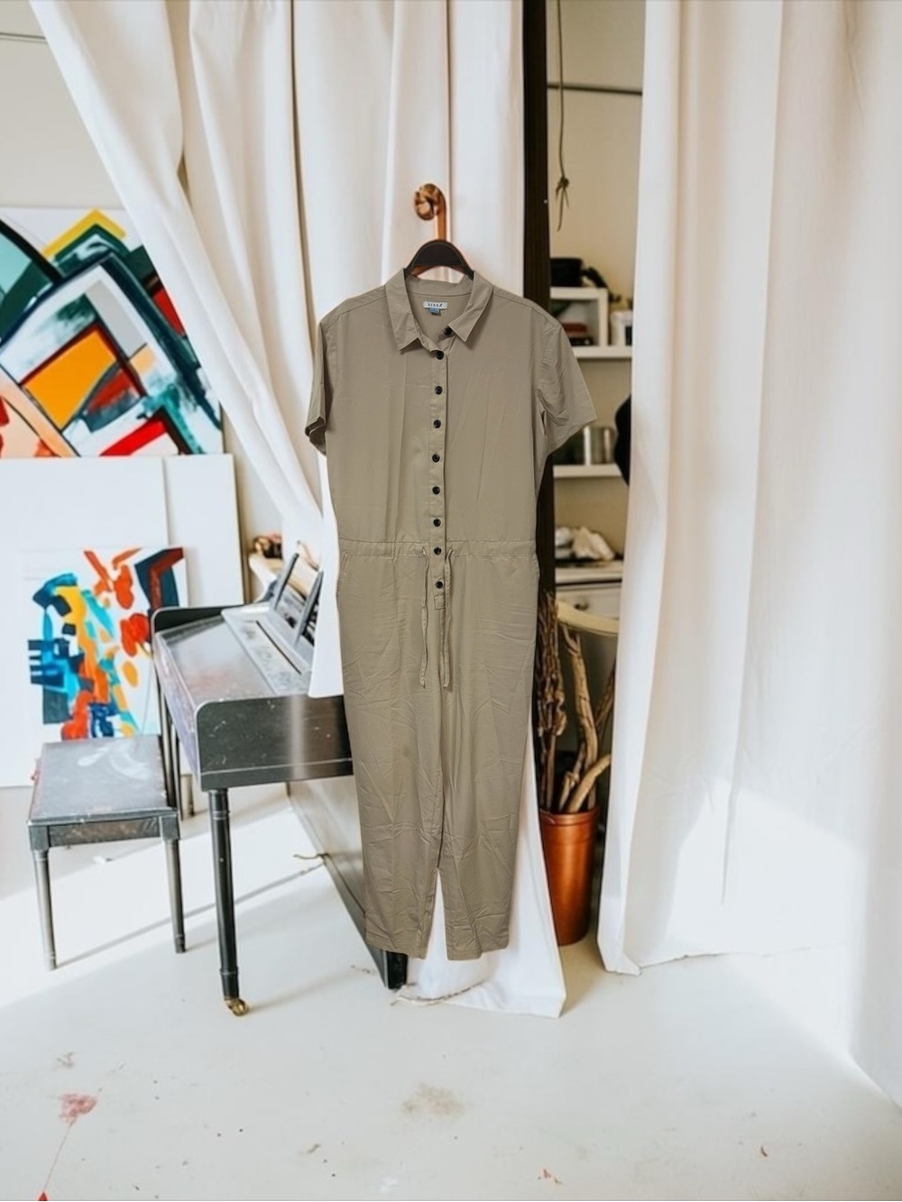Serra Olive Short-Sleeve Button-Front Jumpsuit